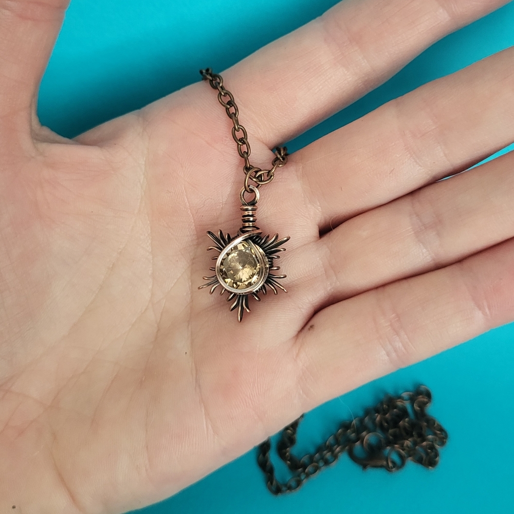 Handmade Champagne Zircon Copper Star Pendant Wire Wrapping